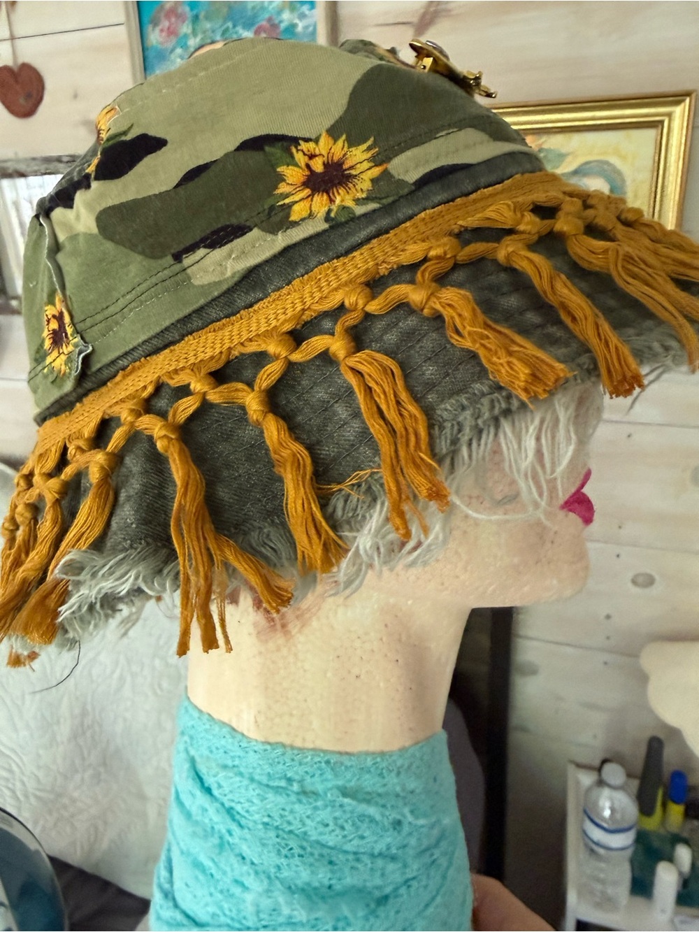 Upcycled green wash cotton bucket Hat camo sunflower fringed New OS - Picture 2 of 8